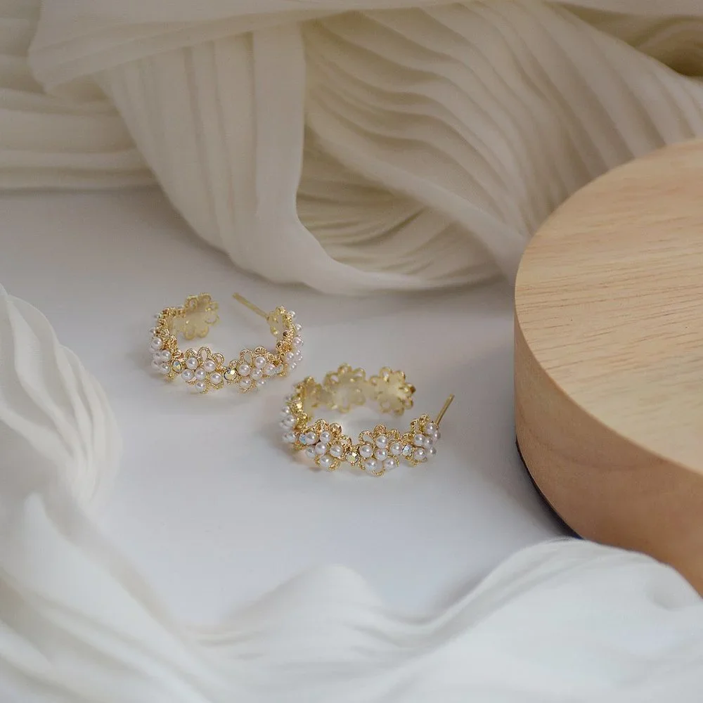 NEW 14K Gold Plated Pearl Flower Hoop Earrings